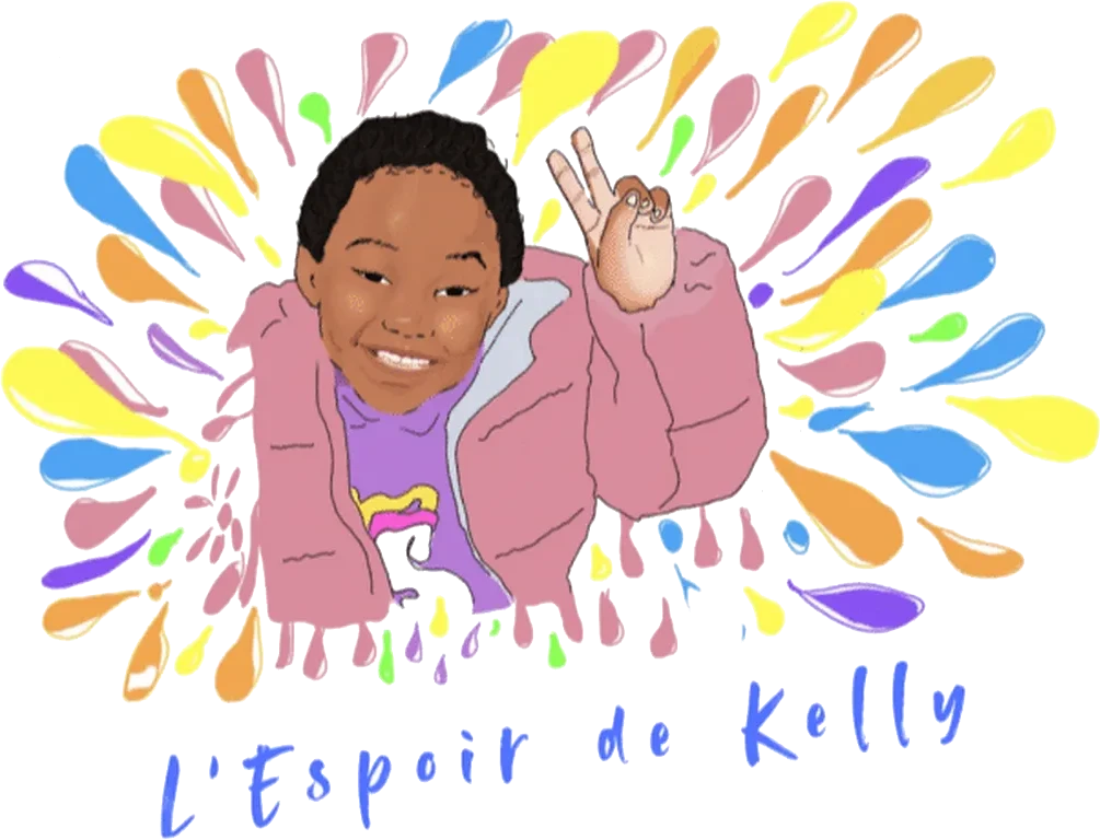 Logo de L'Espoir de Kelly : une petite fille souriante en veste rose, entourée de gouttes de couleur